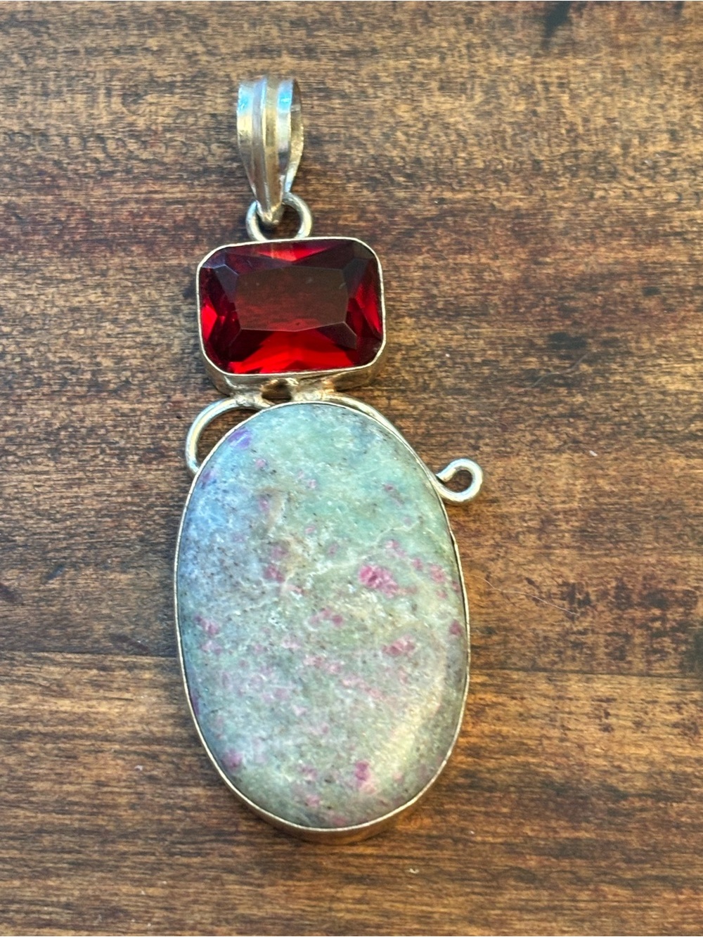 925 Sterling Silver Ruby in Matrix Oval Stone with Red Glass Stone Pendant
